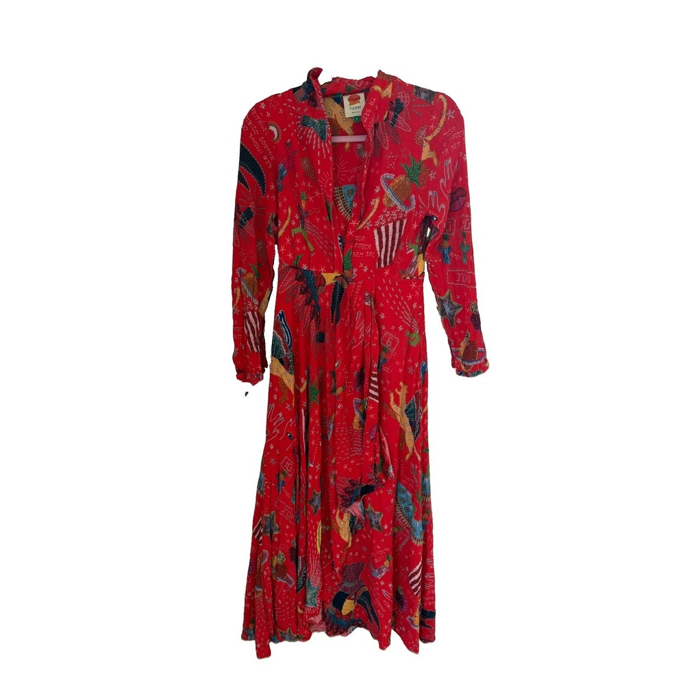 FARM Rio Carnival Maxi Dress Red Long Sleeve Womens Small Viscose SN 284128